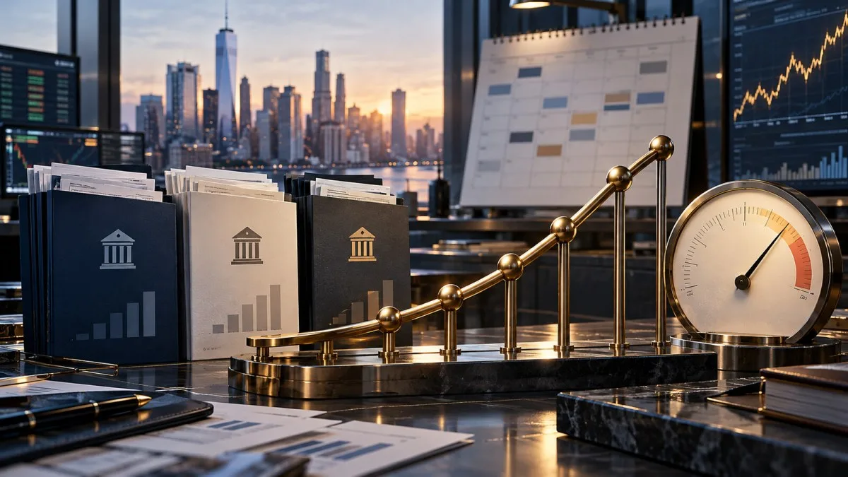AI-generated illustration of bank reports, a rising Treasury yield curve and an inflation gauge on a Wall Street desk.