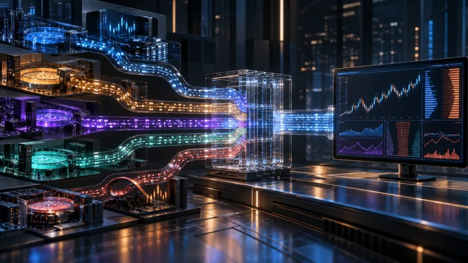 Conceptual illustration of live blockchain trades flowing from multiple networks into a unified institutional market-data terminal.