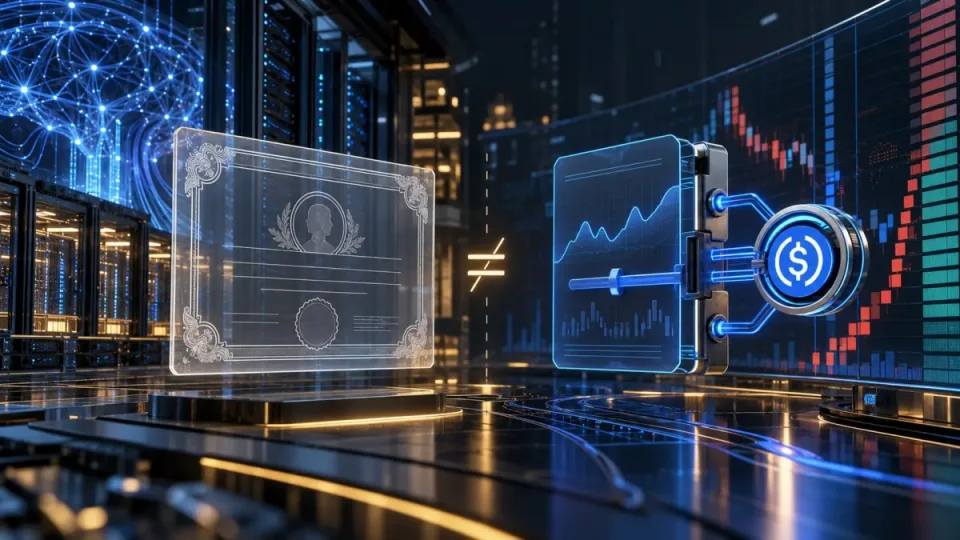 Conceptual illustration separating an empty share certificate from a USDC-settled perpetual market beside an AI data center.