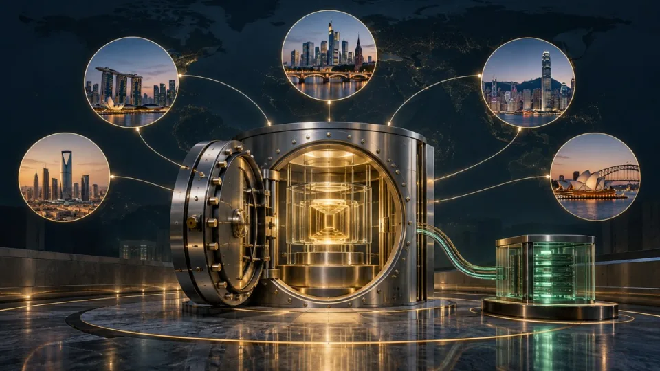 AI-generated conceptual illustration of a secure digital-asset vault linked to global financial hubs, with a separate technology module.