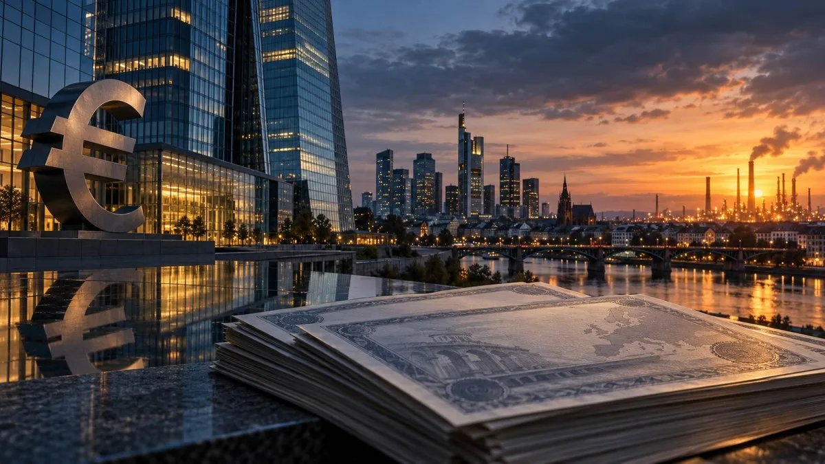 AI-generated conceptual illustration of a European financial district, a euro symbol and unmarked bond papers at dusk; not a photograph of an ECB meeting.