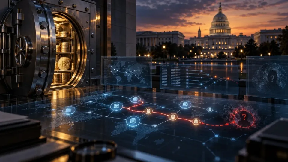Conceptual illustration of a crypto vault and forensic transaction trail before the U.S. Capitol, ending at an unresolved attribution marker.