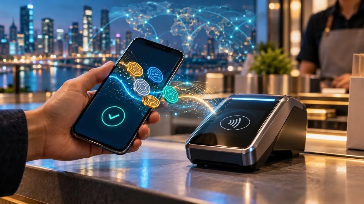 Conceptual smartphone wallet sending unbranded digital value to a contactless payment terminal over global network rails