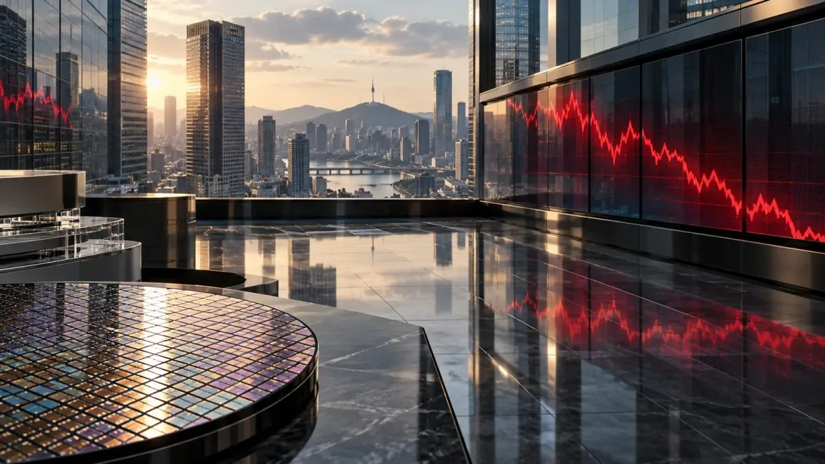 AI-generated editorial illustration of Seoul’s skyline, a silicon wafer and falling market-chart reflections, representing the October 15 KOSPI selloff.