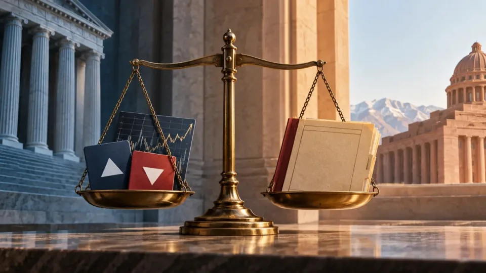 Conceptual editorial illustration of prediction-market contracts and a legal case file balanced between federal and Utah courthouse architecture.