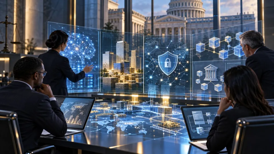 Conceptual editorial image of financial examiners reviewing artificial intelligence, cybersecurity and tokenized market infrastructure