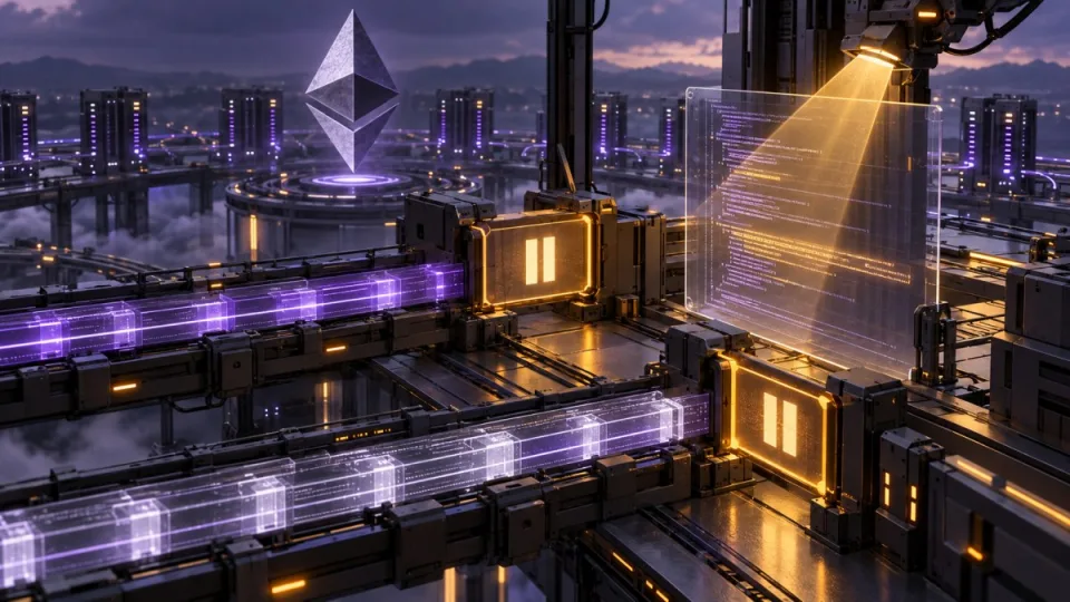 Conceptual editorial illustration of an Ethereum testnet upgrade paused at a secure inspection gate while smart-contract code is reviewed.