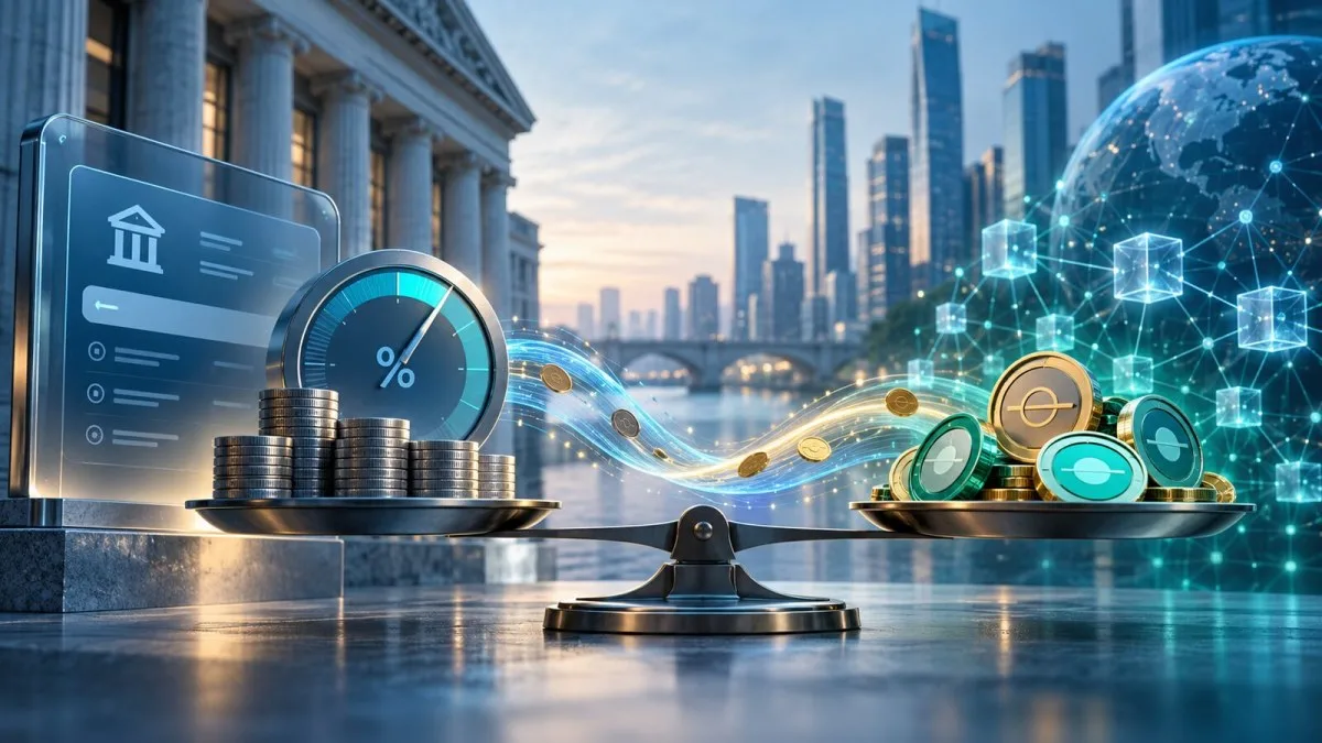A balanced scale connects bank savings and generic stablecoin tokens, illustrating shifts between deposits and digital dollars.