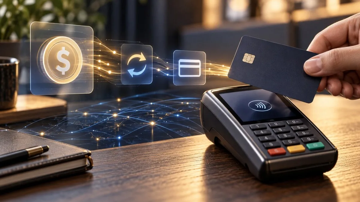 AI-generated conceptual image of a generic stablecoin balance flowing through conversion and card-payment rails to an unbranded payment terminal; not a real product launch.