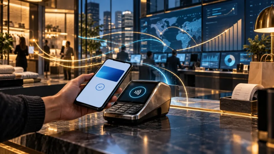 AI-generated conceptual illustration of a mobile wallet approaching a payment terminal as transaction flows move through an efficient payments network.