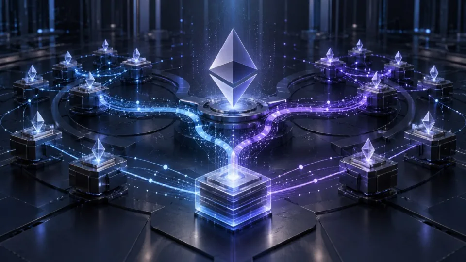 Conceptual illustration of Ethereum validator votes separating into chain-head and finality paths before converging on a finalized block.