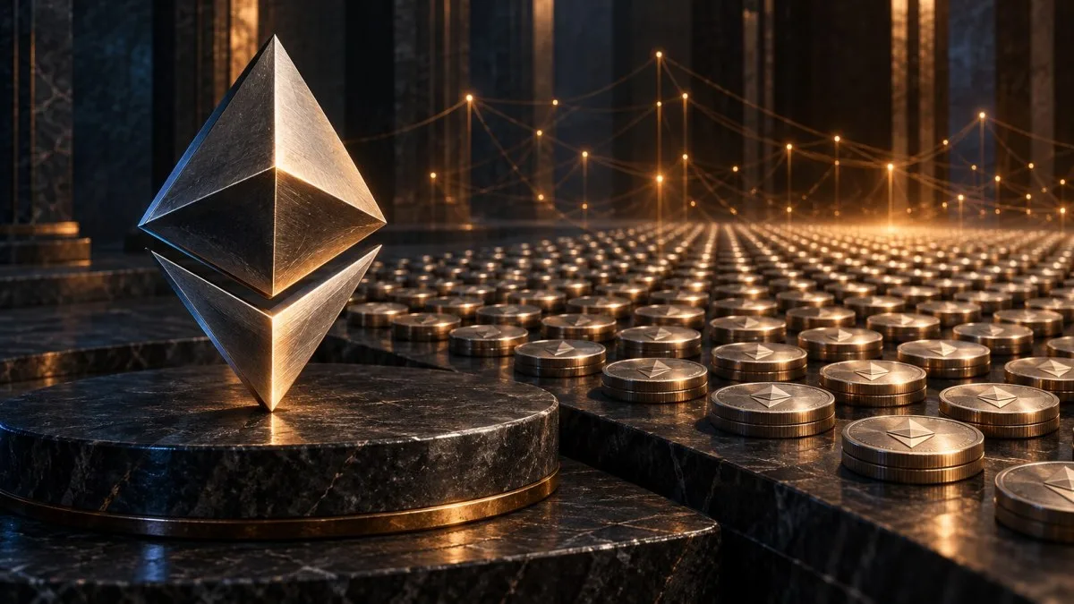 Conceptual metallic Ethereum emblem beside rows of tokens and validator-like connections, illustrating a large staked ether treasury.