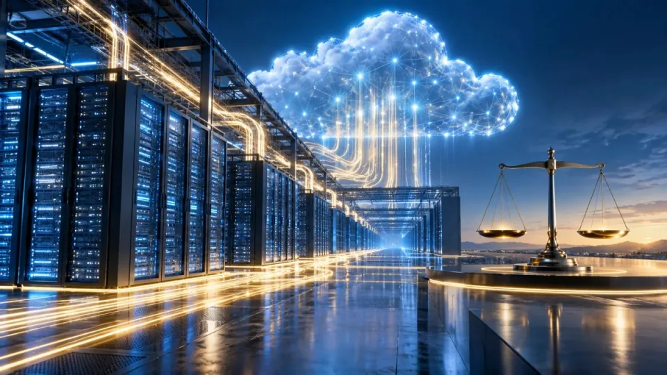 Conceptual illustration of cloud computing infrastructure balanced against financial returns