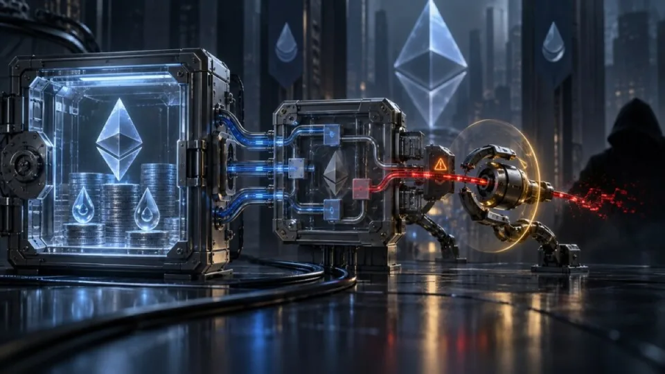 Conceptual editorial illustration of an intact crypto wallet vault connected to a compromised helper module and intercepted transaction path