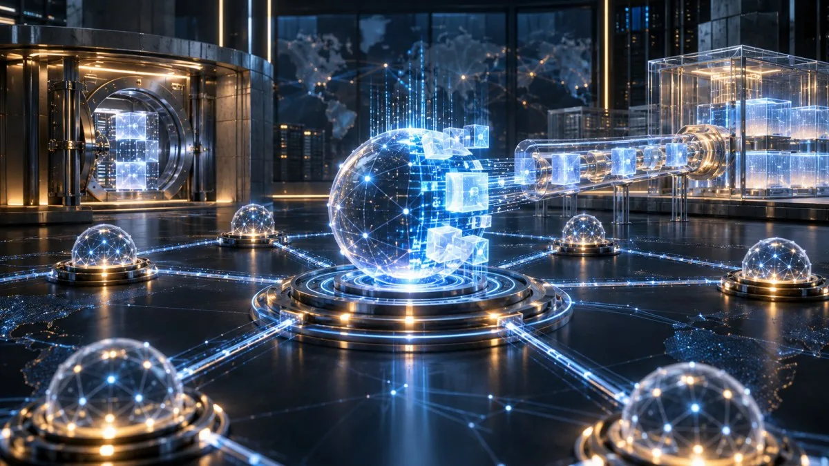 AI-generated conceptual illustration of validator nodes applying a controlled software patch to a secure digital ledger and lending vault network.