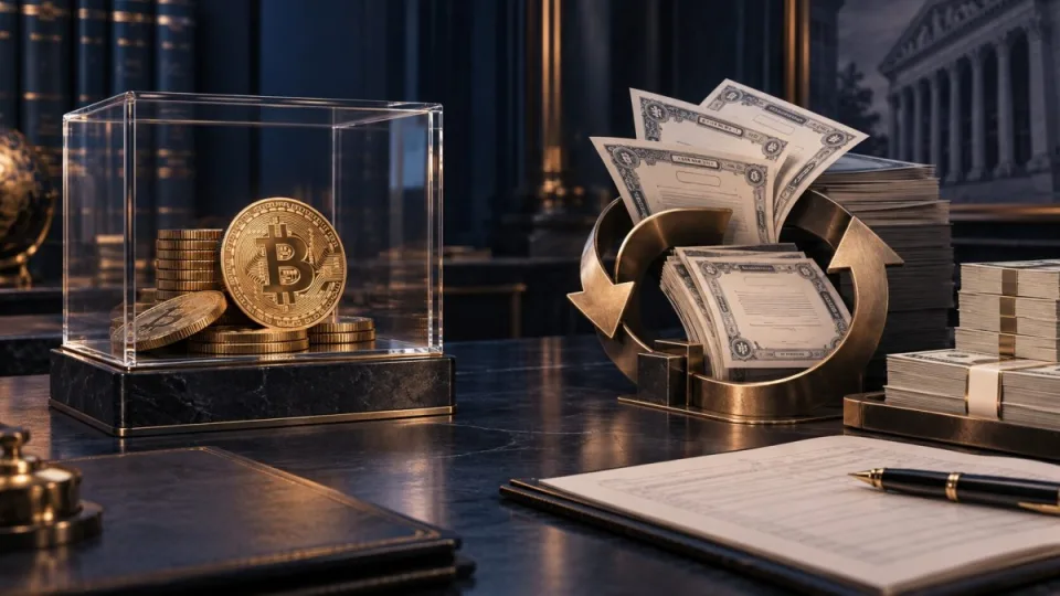 AI-generated conceptual image of bitcoin held untouched behind glass beside preferred-share certificates moving through a corporate buyback cycle.