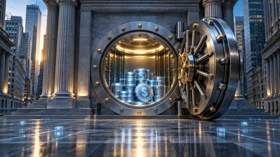 AI-generated conceptual image of a federally supervised digital-asset trust bank with a secure reserve vault and blockchain infrastructure.