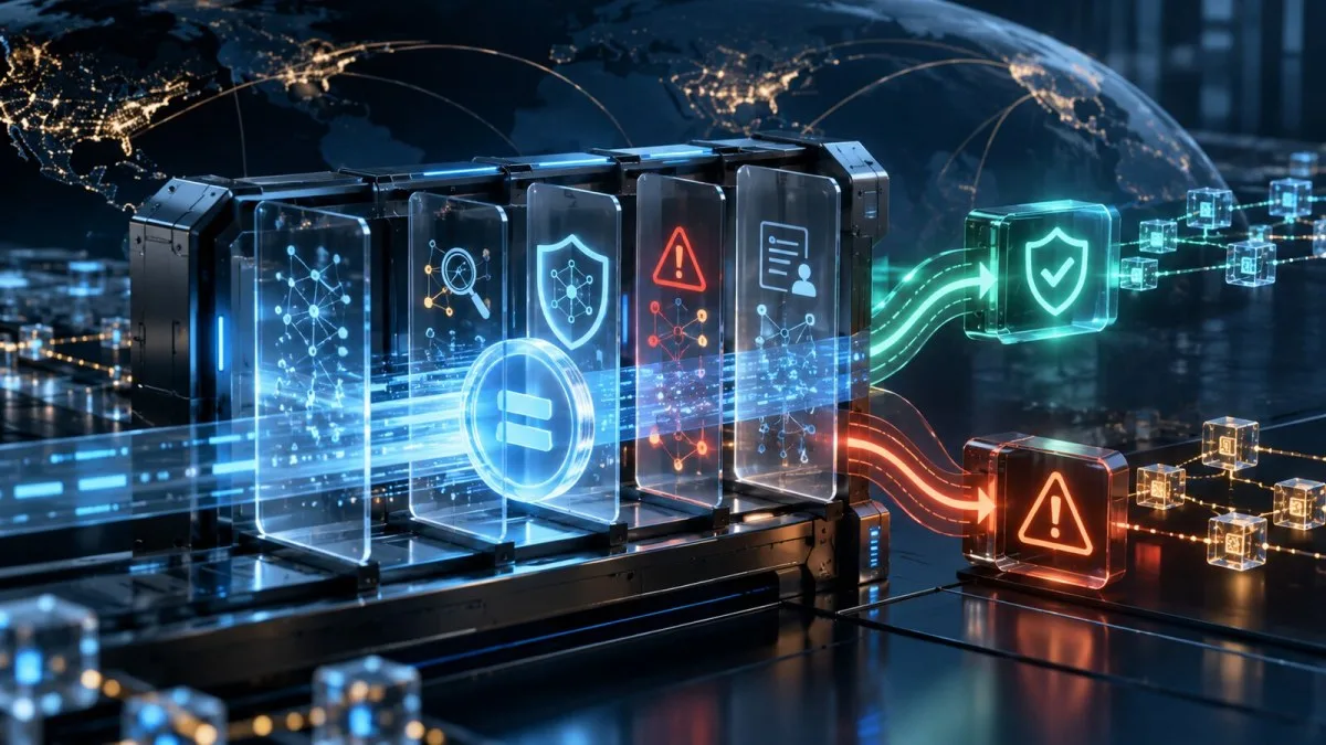Conceptual illustration of a stablecoin payment passing through layered fraud and compliance screening