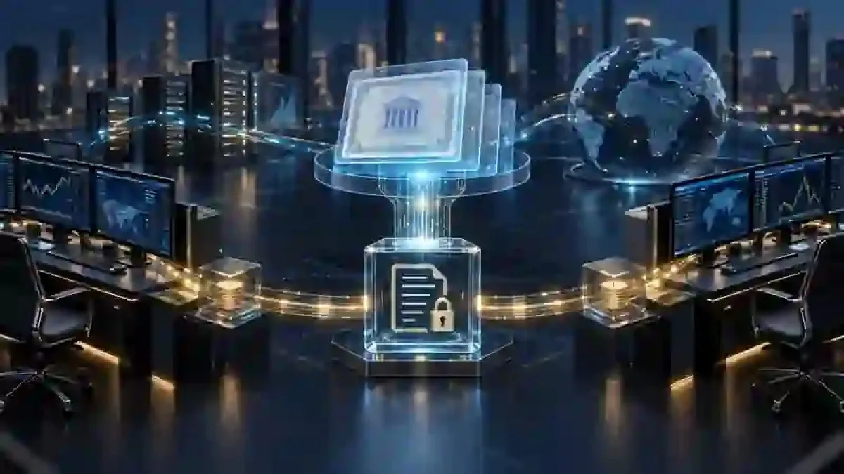 Conceptual illustration of an institutional OTC swap workflow using tokenized bond benchmark data on shared blockchain infrastructure