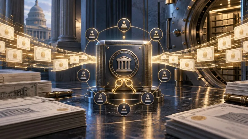 AI-generated editorial illustration of tokenized U.S. dollar money-market fund shares entering a controlled institutional ledger account with two-key safeguards.