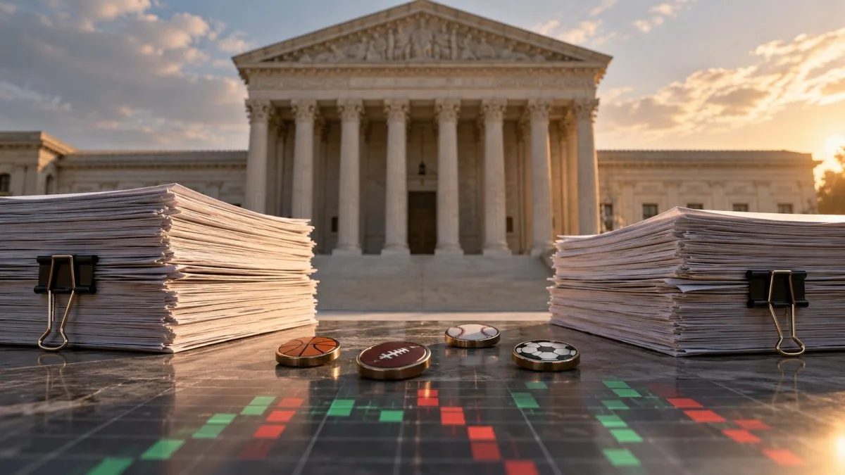 AI-generated conceptual editorial illustration of two stacks of legal papers, sports-symbol tokens and an abstract trading grid outside a generic courthouse; not an actual Missouri court or filing.