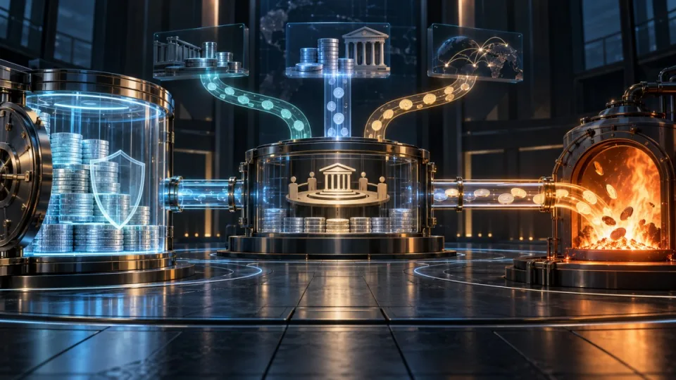 AI-generated conceptual illustration of protected DeFi reserves feeding a governed treasury while token buybacks move toward a controlled burn chamber.