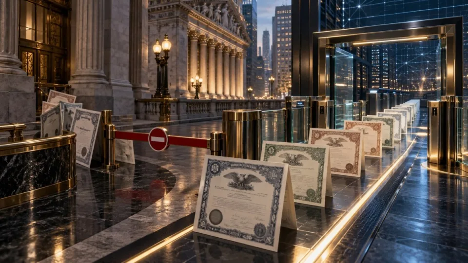 Conceptual editorial illustration of stock certificates splitting at an opt-out barrier before a regulated onchain trading gateway