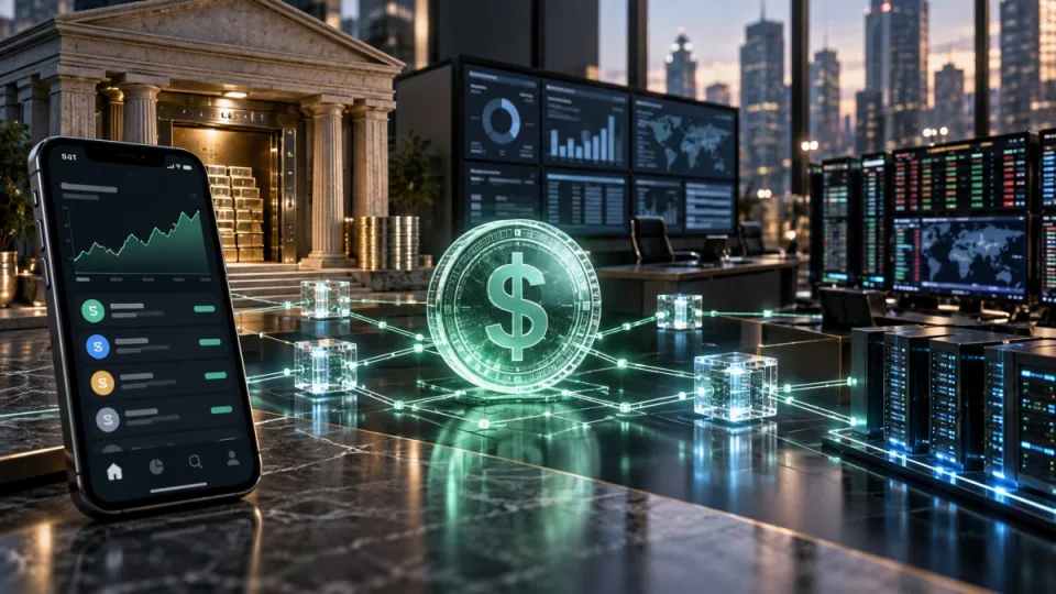 AI-generated editorial illustration of a mobile brokerage, dollar-backed digital token, treasury systems and institutional trading infrastructure connected across one network.