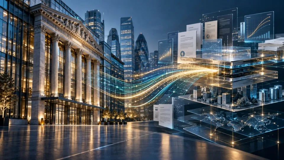 Conceptual illustration of a London financial exchange connecting with private-credit documents and market-data systems.
