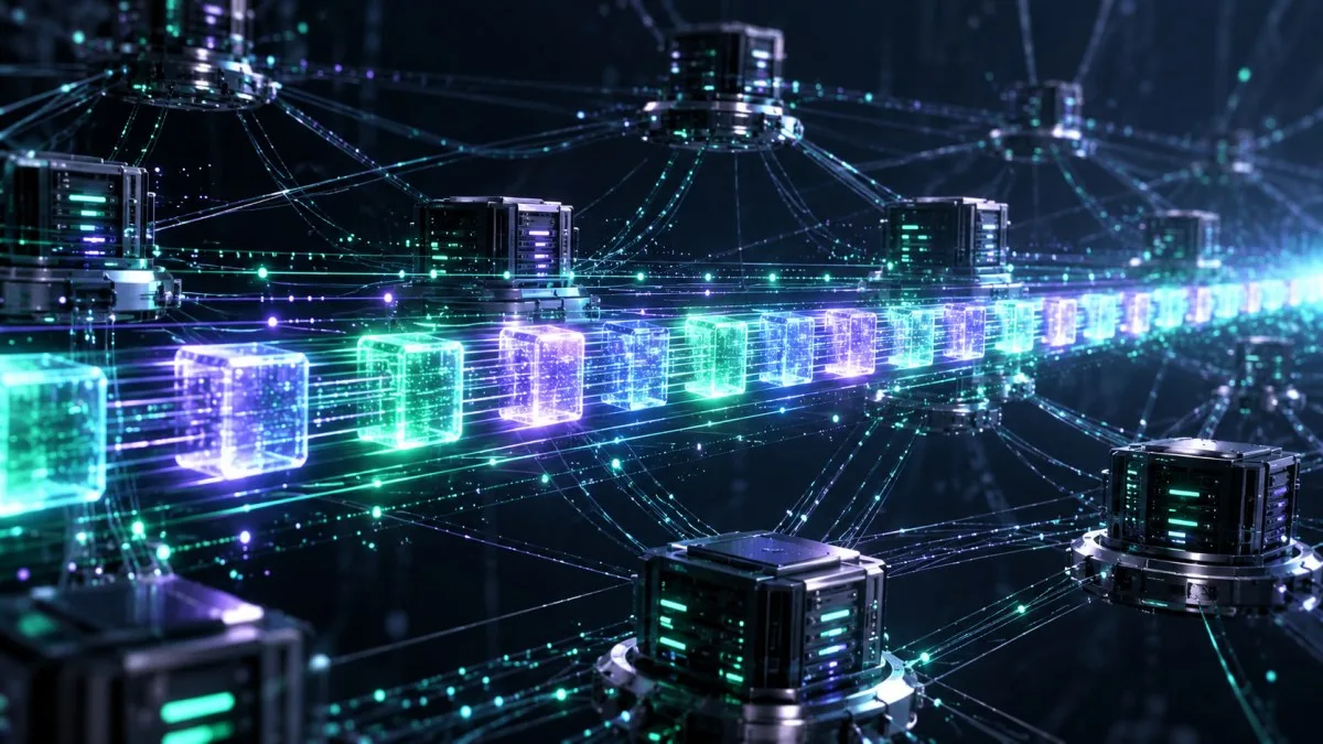 AI-generated illustration of closely spaced data blocks moving through a decentralized validator network at high speed.