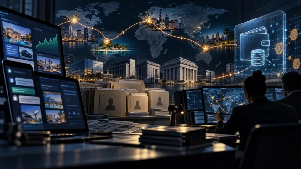 Conceptual editorial illustration tracing alleged scam funds from fake investment screens through shell companies and banking channels into a stablecoin wallet linked to Cambodia