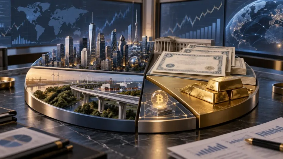 AI-generated editorial illustration of a tokenized-asset transaction passing through programmable compliance checkpoints in an Abu Dhabi financial district.