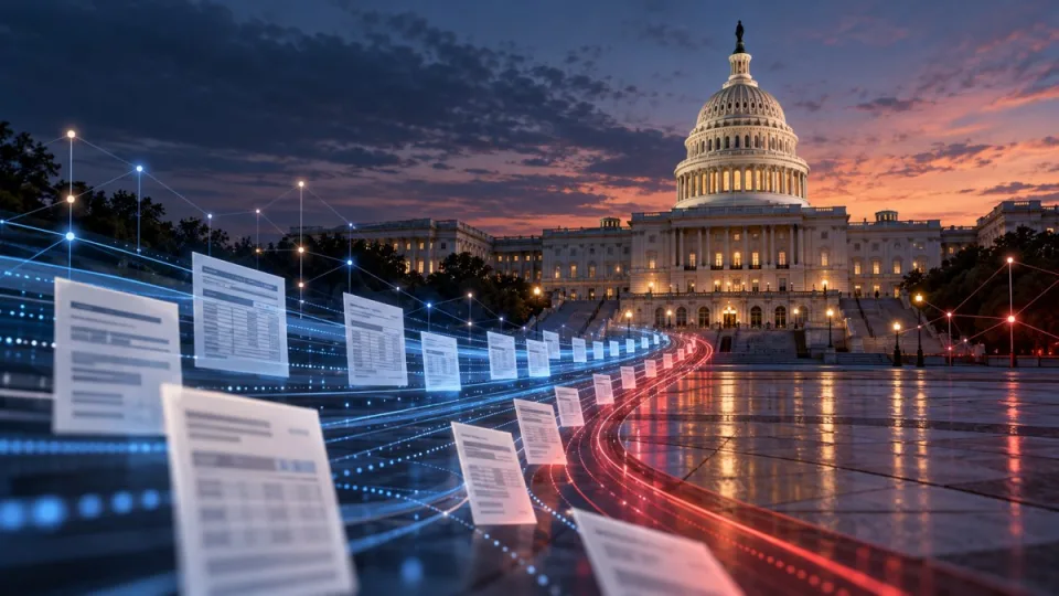 AI-generated conceptual editorial image of campaign-finance filings and digital ledger paths flowing toward the U.S. Capitol at dusk.