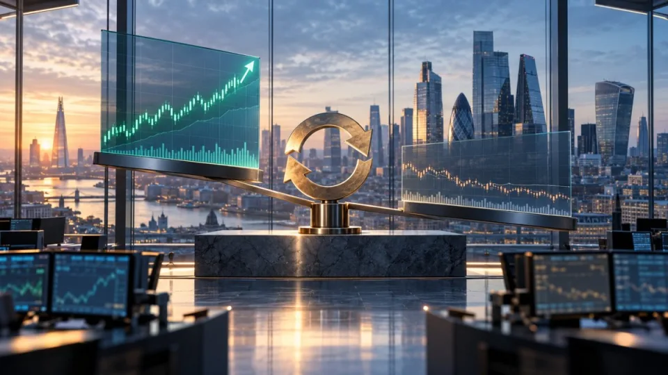 Conceptual illustration of a London trading floor balancing stronger equities activity against weaker fixed-income performance around a capital-return symbol.