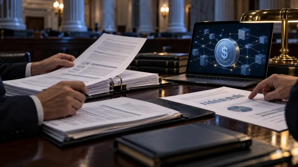 Conceptual editorial image of staff reviewing payment records and blockchain transactions during a Senate inquiry