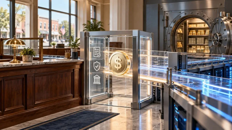 AI-generated conceptual image of a community bank linked through a compliance gateway to regulated digital-dollar payment rails.