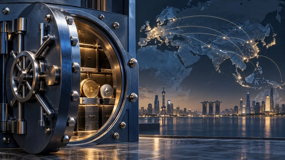 AI-generated conceptual illustration of a secure digital-asset vault beside routes linking Europe and Asian financial centers; it does not depict a launched service.