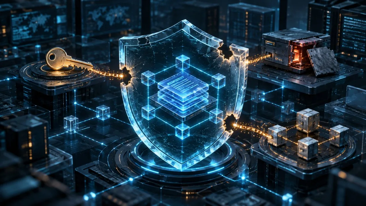 AI-generated conceptual illustration of a damaged digital security shield linking an exposed key, software component and supplier network; not a photograph of a real incident.