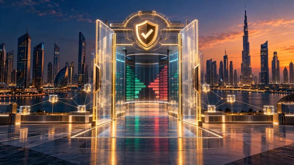 Conceptual editorial illustration of a regulated crypto spot-trading gateway opening across Dubai's financial skyline.