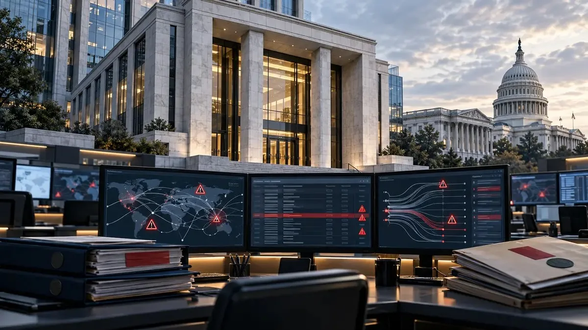 AI-generated conceptual illustration of a major bank under regulatory review with transaction-monitoring screens and compliance files.