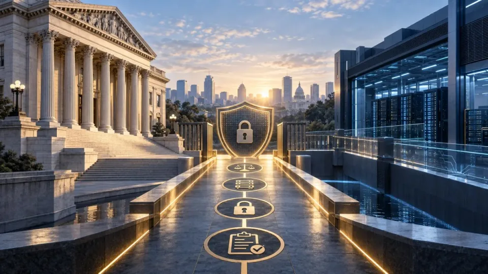 AI-generated conceptual illustration of a secure compliance pathway connecting a U.S. regulatory building with digital-asset exchange infrastructure.