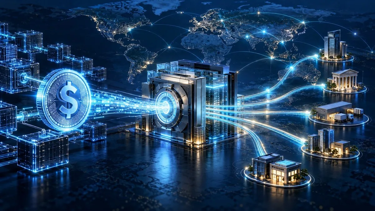 AI-generated conceptual image of a digital dollar entering a secure global payment hub and branching into international business payout routes; not a real product interface.