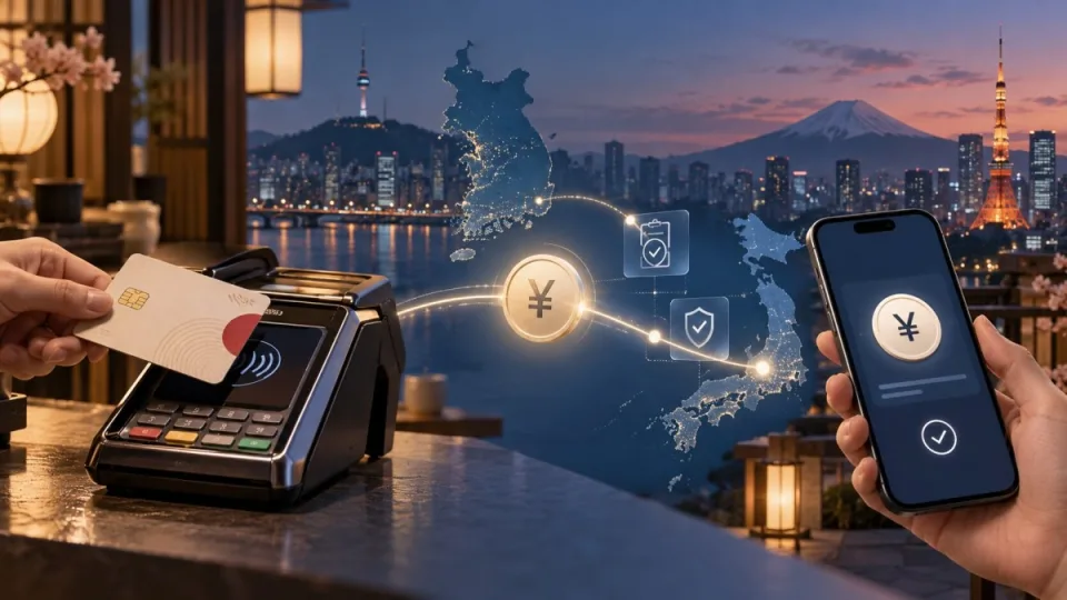 AI-generated conceptual illustration of a yen stablecoin payment moving between a card terminal and digital wallet across Japan and South Korea.