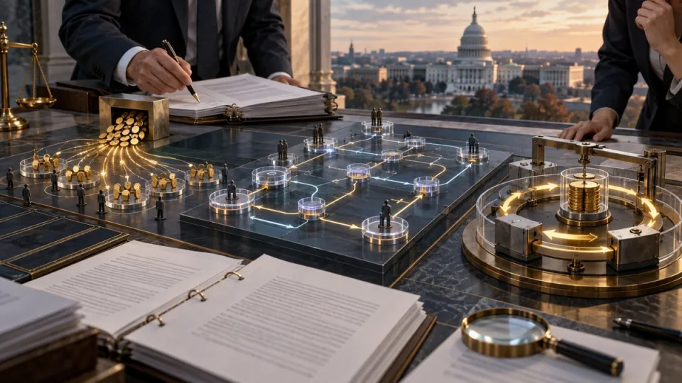 AI-generated conceptual illustration of U.S. crypto rulemaking, with token lifecycle paths, an airdrop mechanism and automated buyback controls under regulatory review.