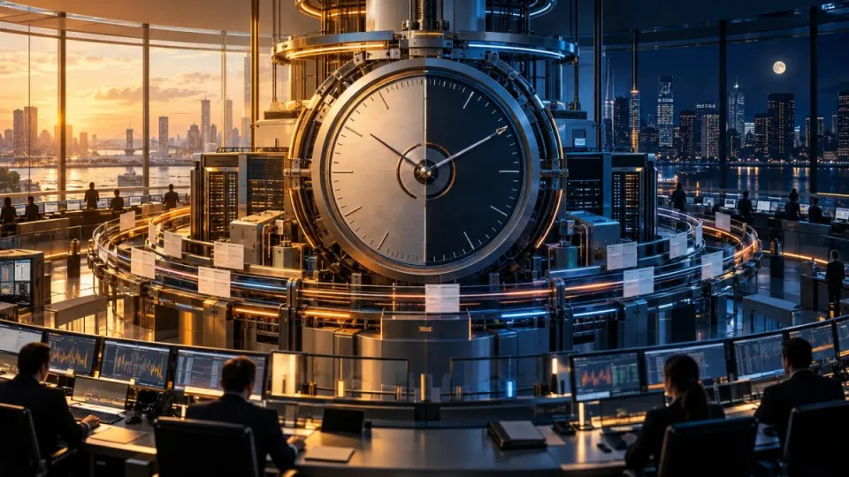 Conceptual day-and-night derivatives operations center built around a large mechanical clock and continuous market infrastructure.