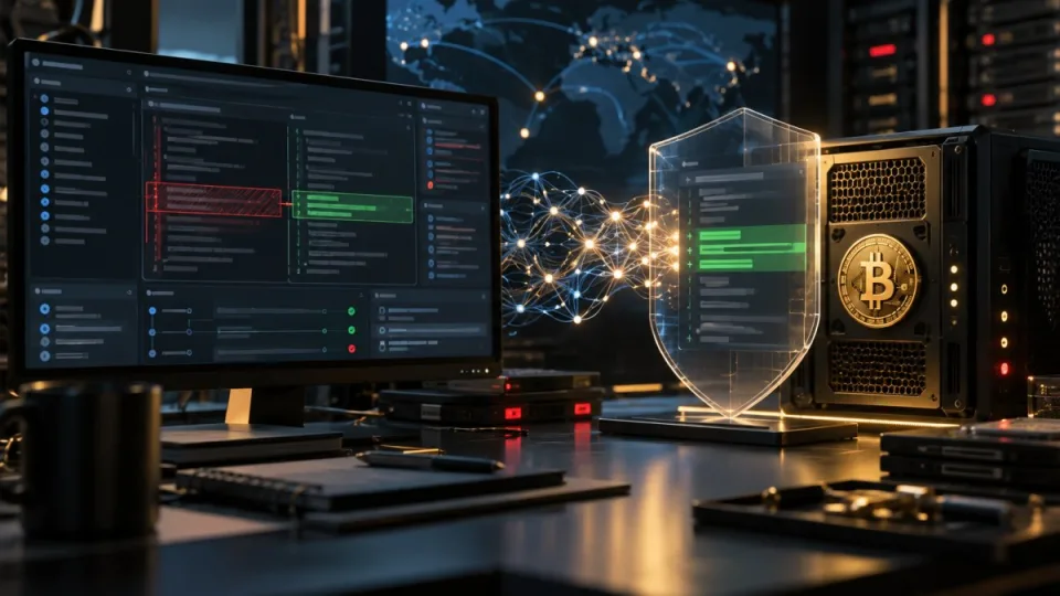 Conceptual editorial image of a Bitcoin node, code review screens and an AI-assisted security patch protected by a transparent shield