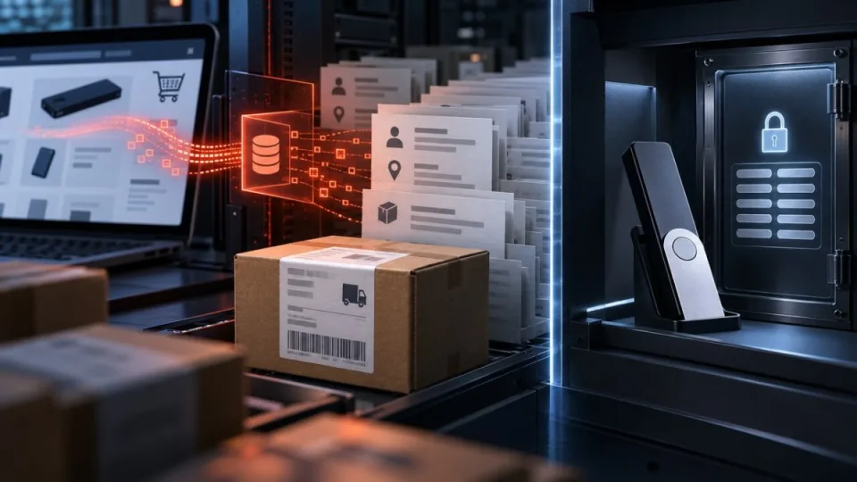 AI-generated conceptual illustration of exposed ecommerce shipping records beside an uncompromised hardware wallet in a secure vault