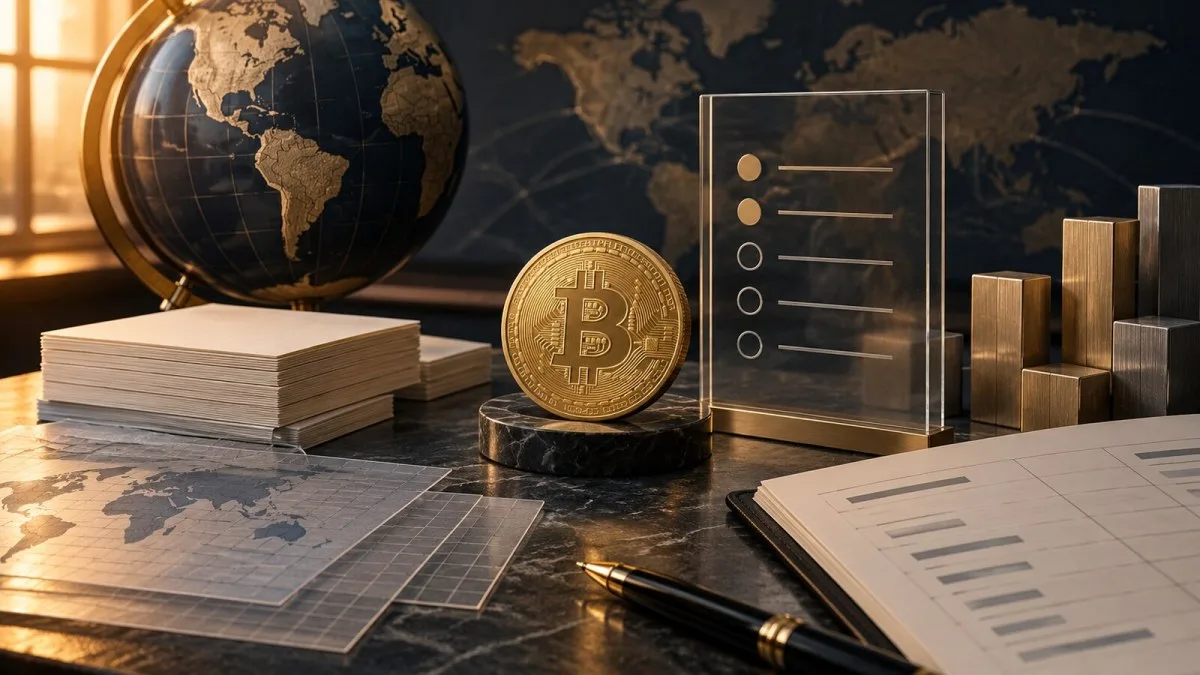 AI-generated conceptual illustration of a Bitcoin coin beside blank financial records and a transparent index-eligibility checklist.