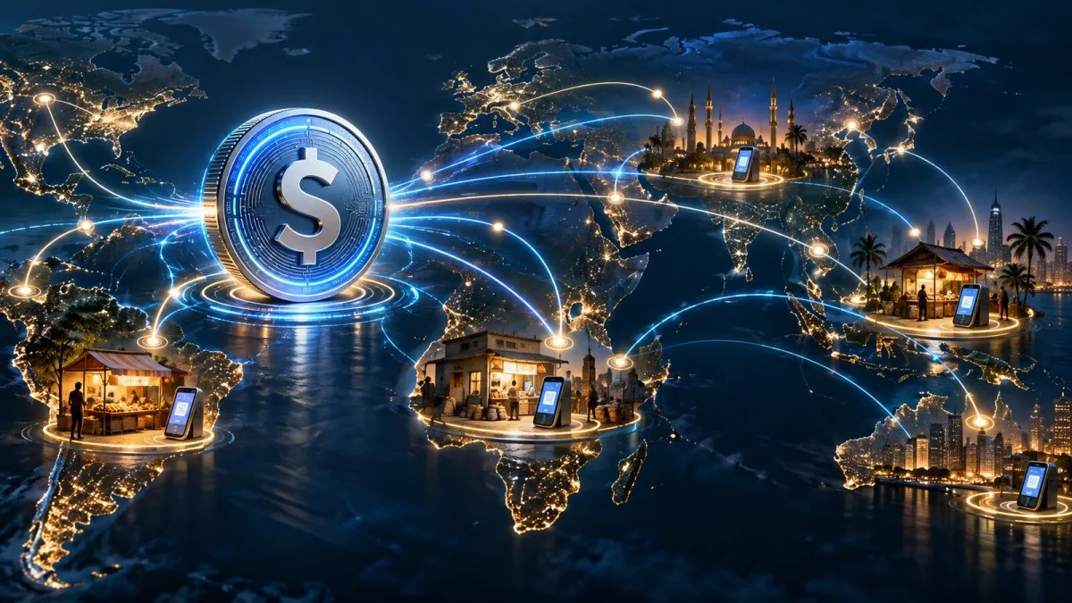 AI-generated conceptual illustration of a digital dollar token linking payment hubs across emerging markets on a global map.