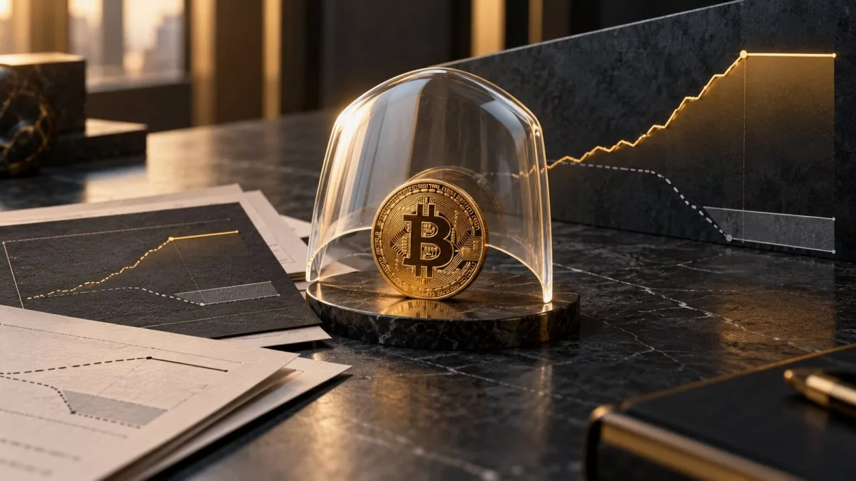 Conceptual Bitcoin coin beneath an open-edged glass shield beside option-contract diagrams and a capped rising line